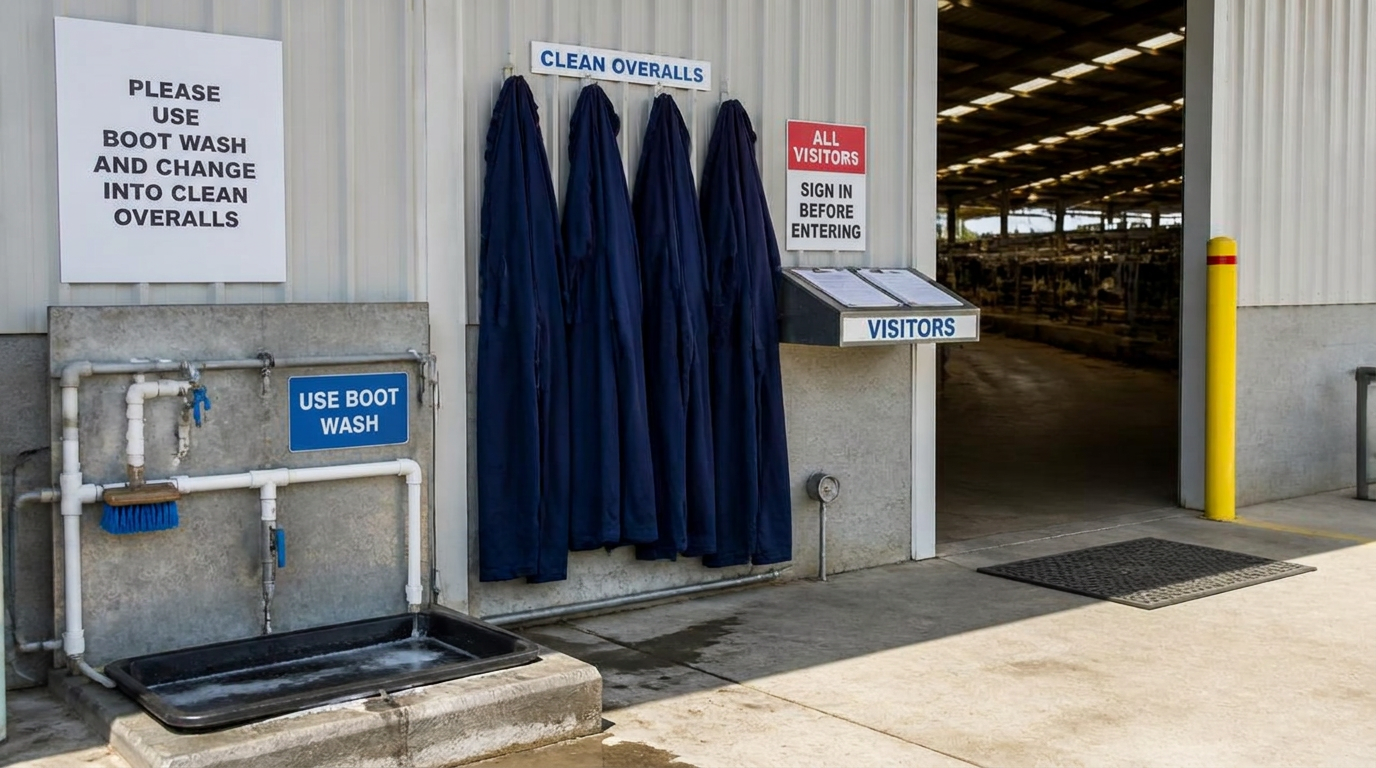 Farm biosecurity entrance with boot wash, clean overalls and a visitor sign-in point