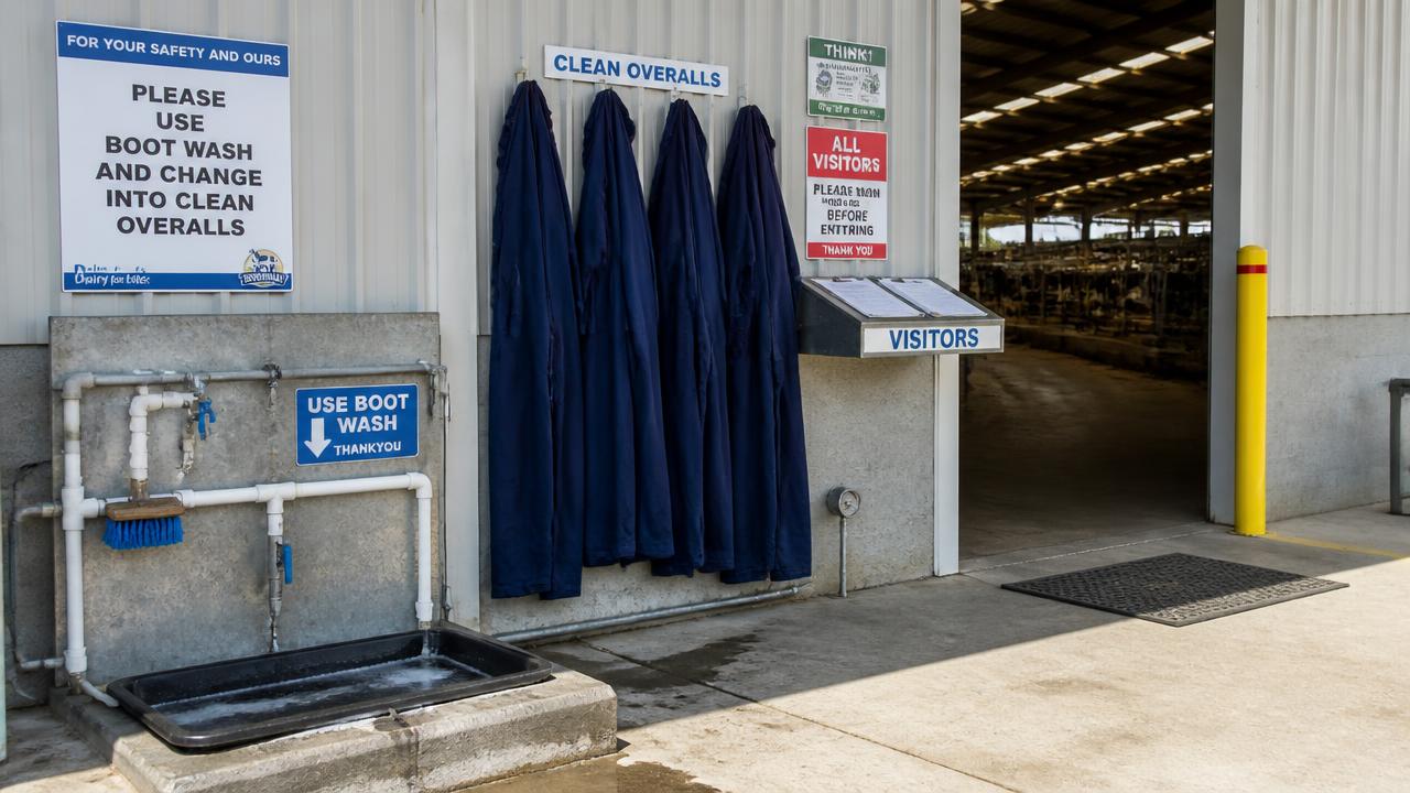 Farm biosecurity entrance with boot wash, clean overalls and a visitor sign-in point