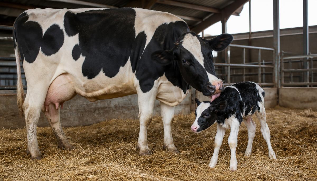Dairy cow with her calf together in a straw-bedded pen