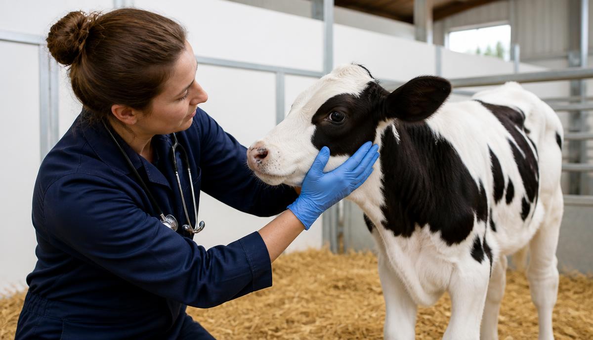 Veterinarian examining the head of a young dairy calf