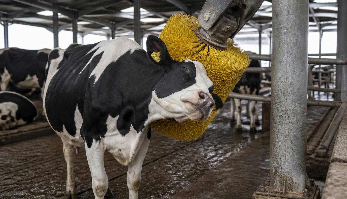 Dairy cow using a rotating mechanical grooming brush in a barn