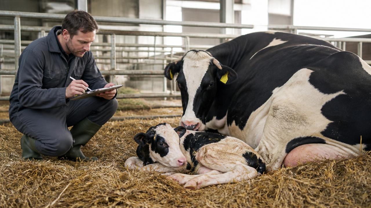 Herd manager recording notes beside a freshly calved cow and her calf in a straw-bedded pen