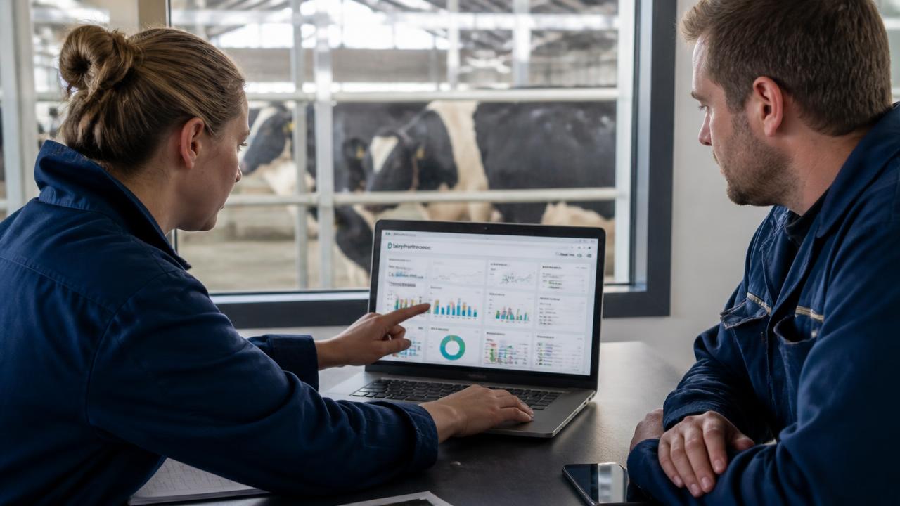 Two dairy professionals reviewing herd performance charts on a laptop in a barn office