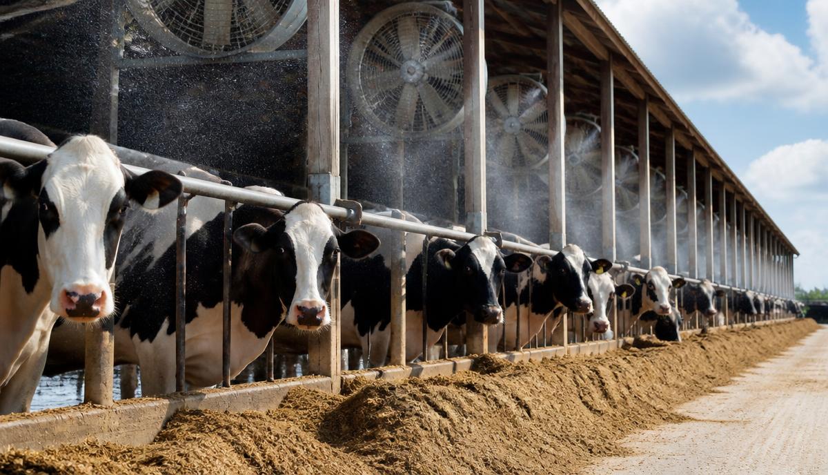 Holstein cows at a feed fence under large barn fans and misting sprinklers
