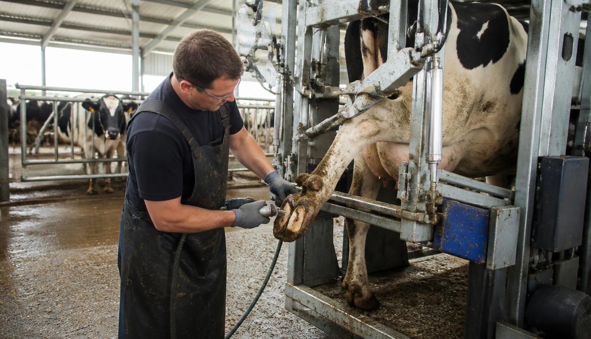 Hoof trimmer working on a Holstein cow in a hydraulic trimming chute