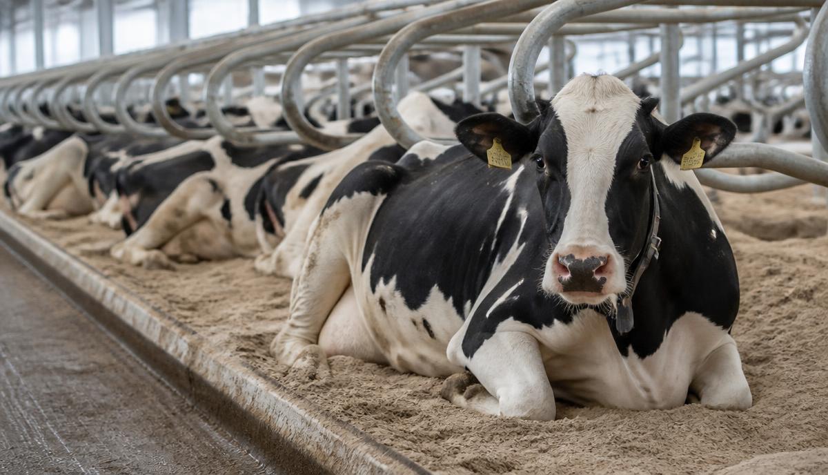 Holstein cows lying in clean sand-bedded cubicles in a modern barn