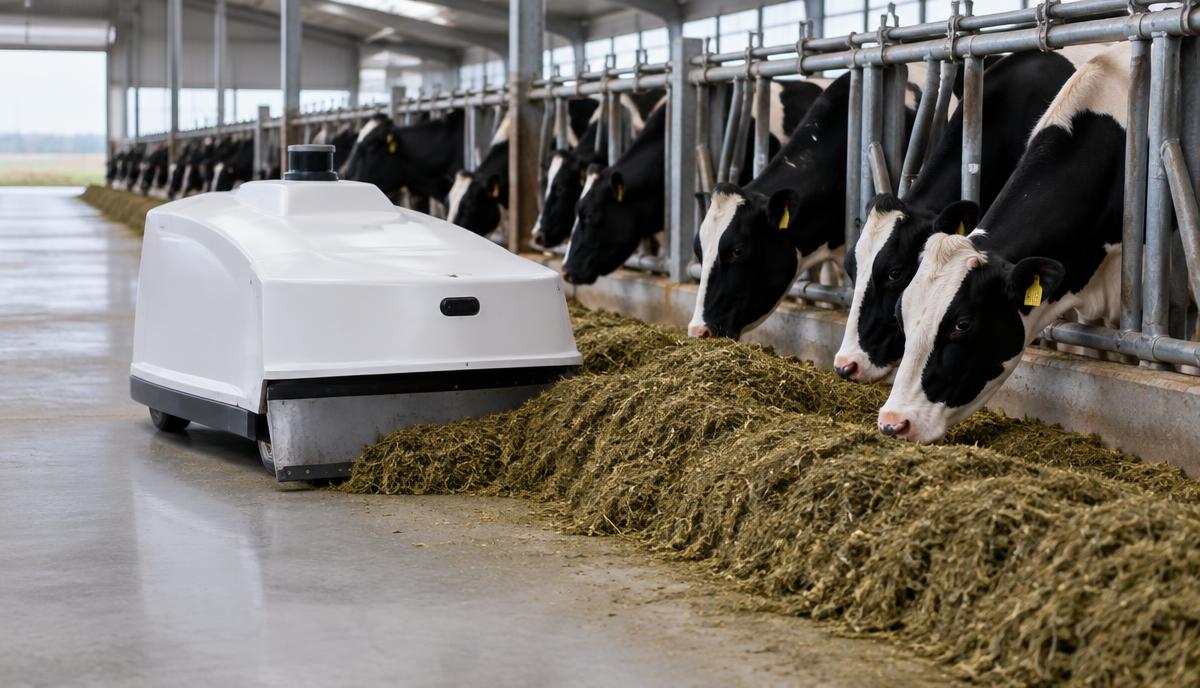 Feed push-up robot moving ration towards Holstein cows