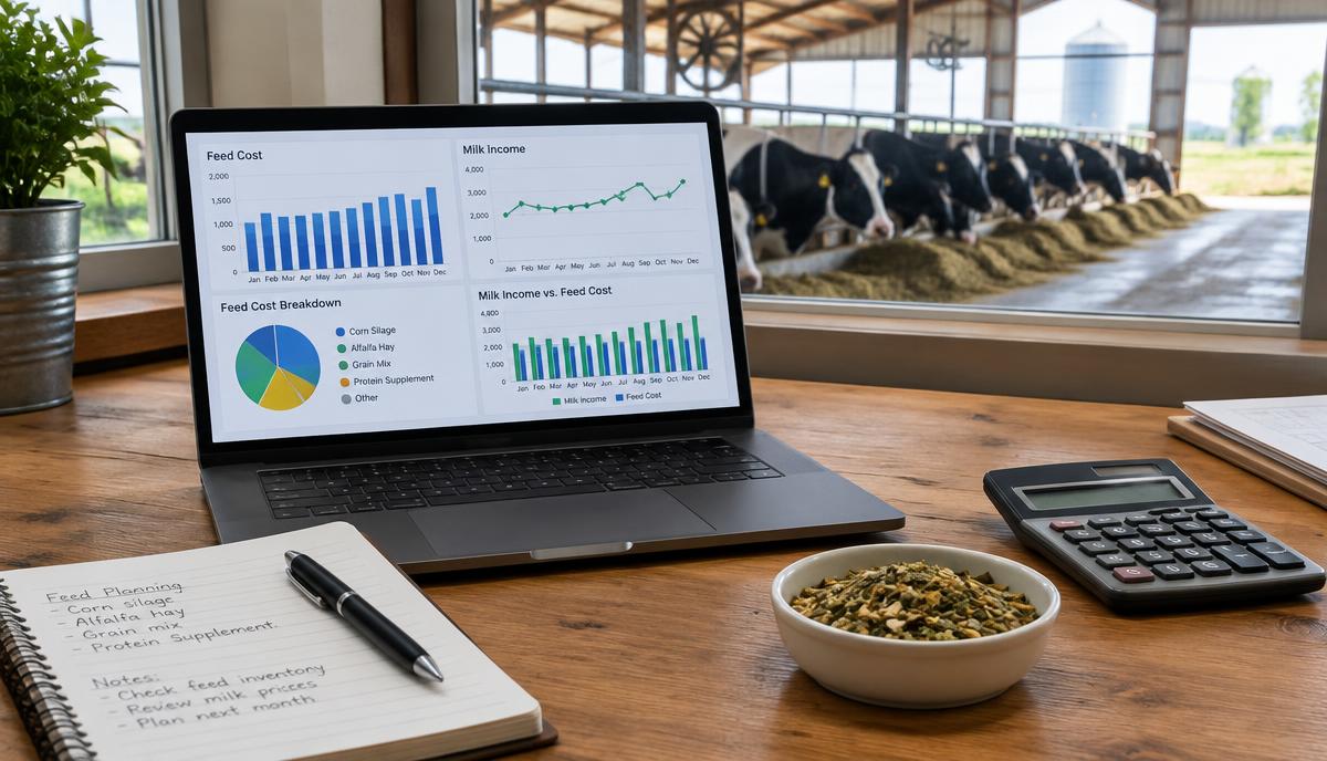 Laptop showing nutrition charts on a farm office desk