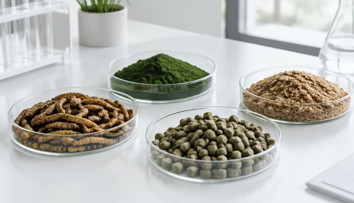 Dishes of insect meal, microalgae and novel protein pellets on a lab bench