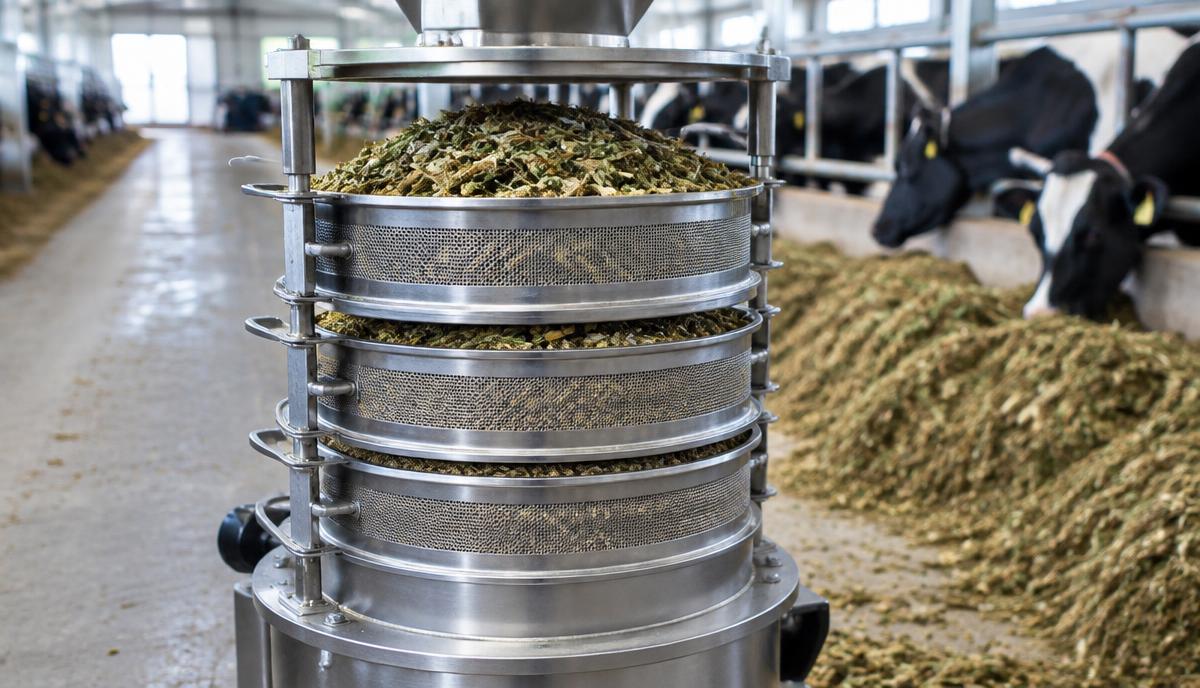Particle separator sieves holding chopped ration beside a feed fence