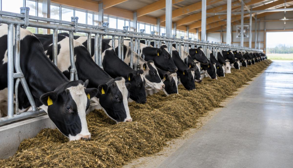 Holstein cows eating a well-mixed ration along a feed fence