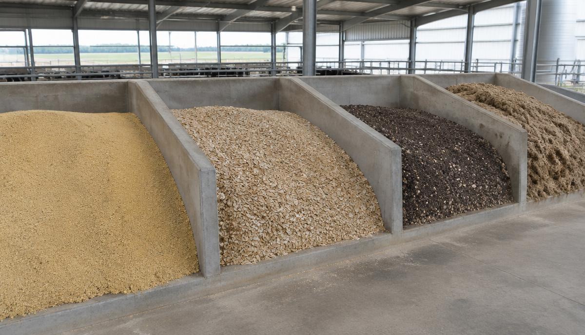 Separate concrete commodity bays holding different dairy feeds