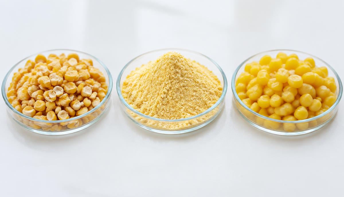Feed samples in dishes on a white laboratory bench