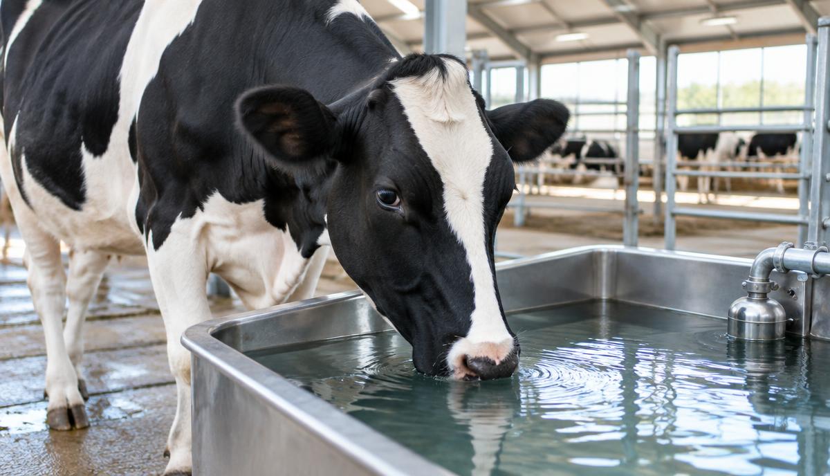 Holstein cow drinking clean water from a stainless steel trough
