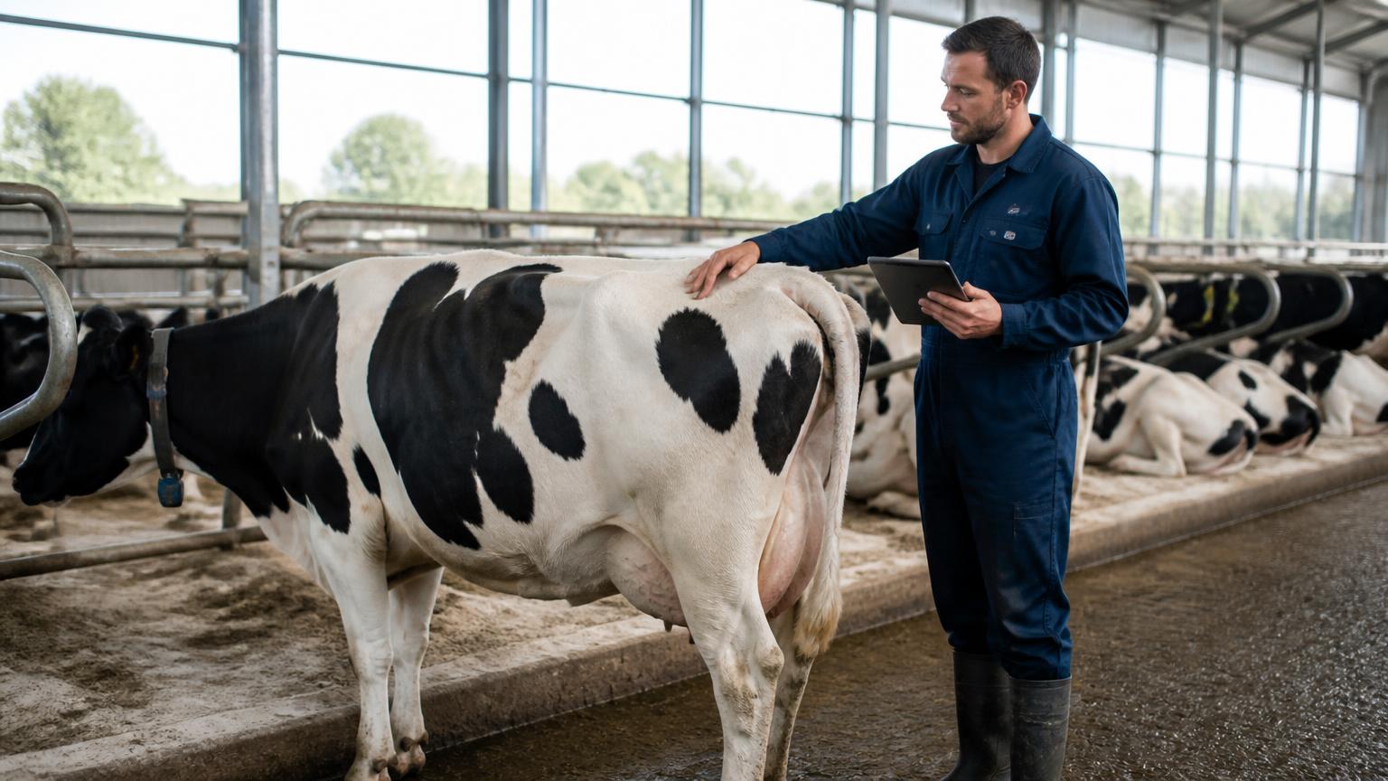 Herd manager in navy overalls assessing the body condition of a Holstein cow in a modern barn