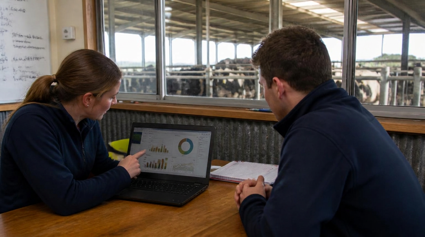 Two dairy professionals reviewing herd fertility performance on a laptop in a farm office