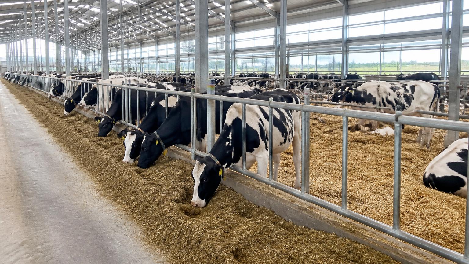 Freshly calved Holstein cows eating at a spacious feed fence with abundant fresh ration