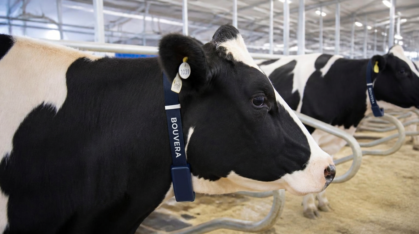 Close-up of a Holstein cow wearing an electronic activity monitoring neck collar and ear tag