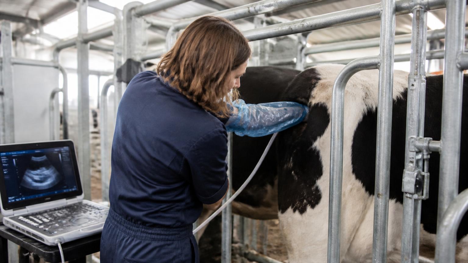 Veterinarian carrying out a routine ultrasound pregnancy check on a Holstein cow in a clean handling crush