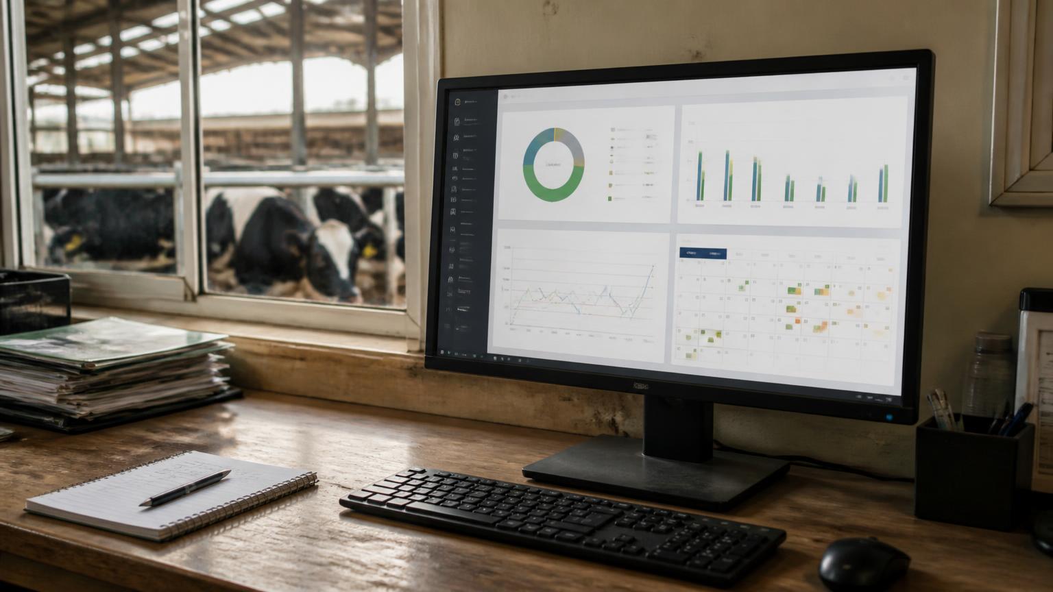 Farm office monitor showing a herd management dashboard with charts and a breeding calendar, dairy barn visible through the window