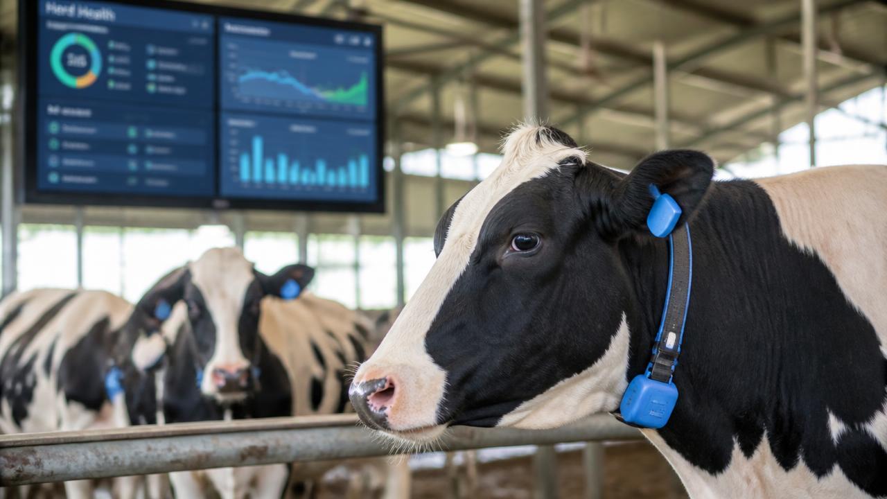 Dairy cows wearing monitoring collars with a herd health dashboard on a screen behind
