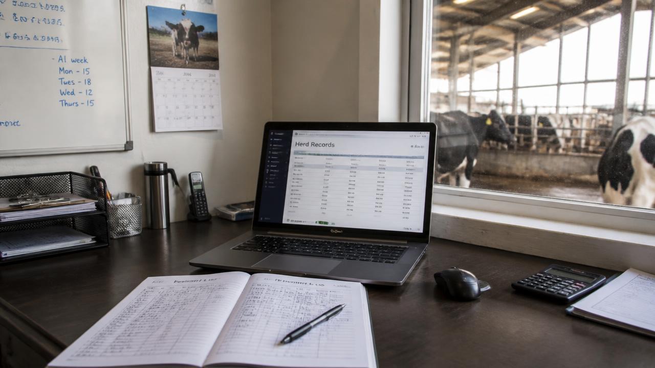 Farm office desk with herd records on a laptop and a written treatment logbook