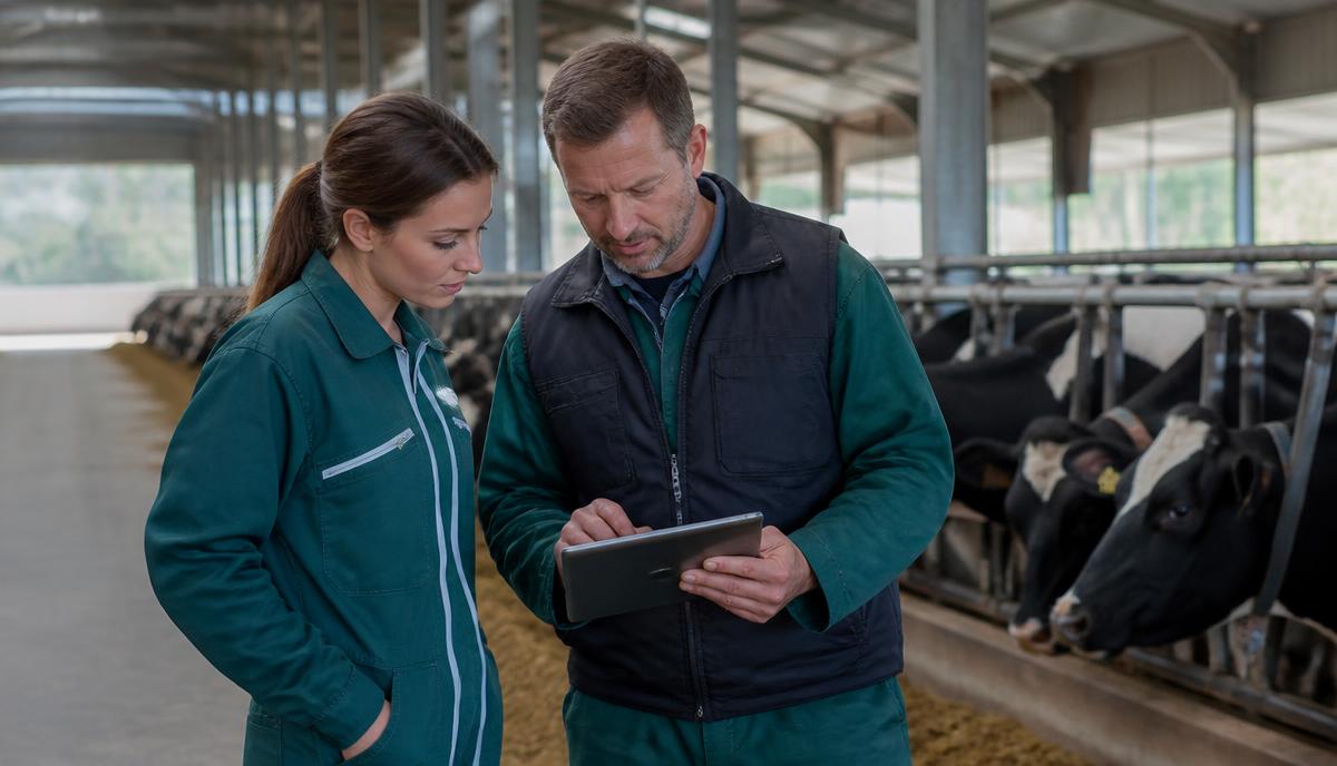 Farm advisors reviewing performance charts on a tablet in a dairy barn